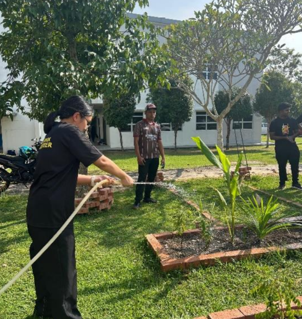 Aktiviti penyiraman tanaman semasa gotong-royong Taman Herba.